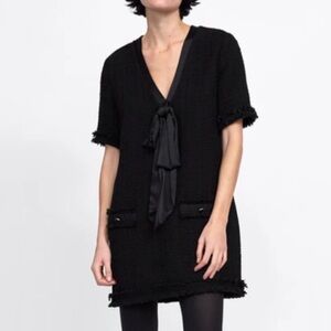 Zara V-Neck Black Tweed Mini Dress w Satin Bow & Fringe Details XS